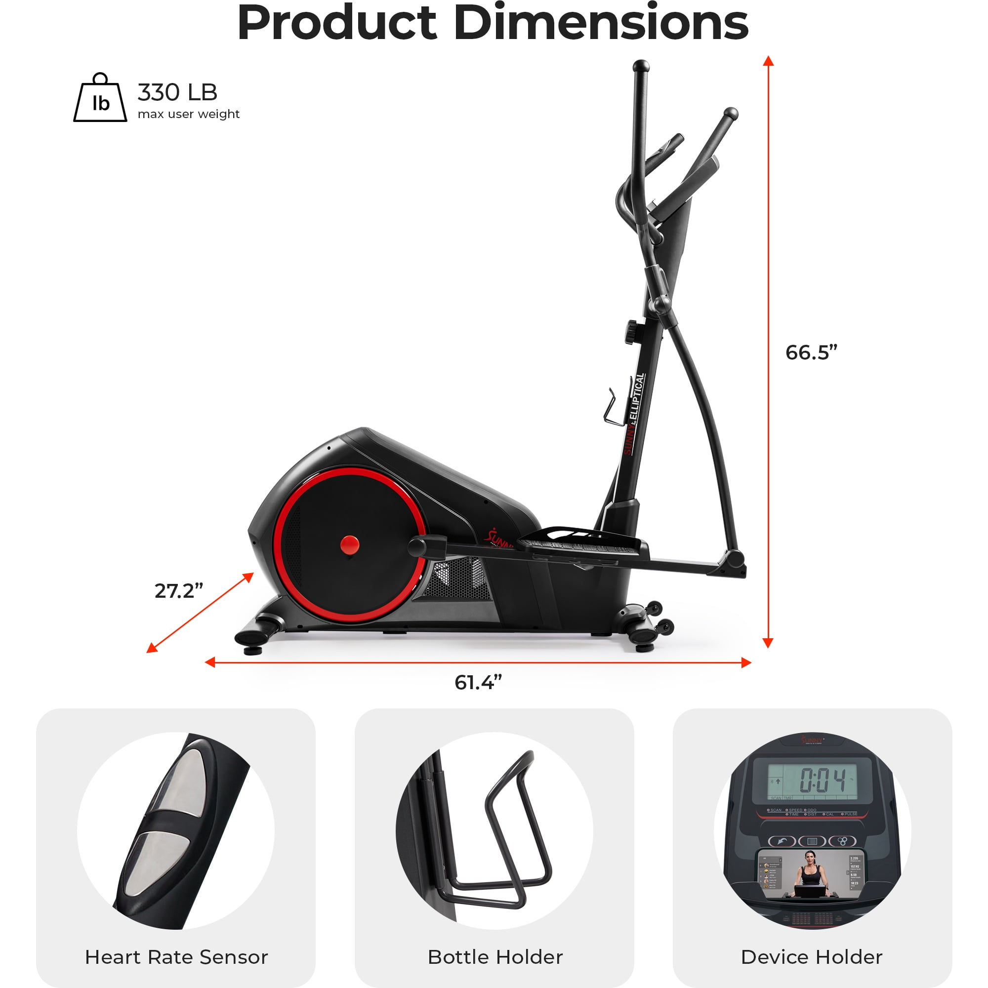 Sunny Health & Fitness Smart Heavy-Duty Elliptical Exercise Machine, Low-Impact Cardio Cross Trainer w Free SunnyFit App via Bluetooth – SF-E323055S