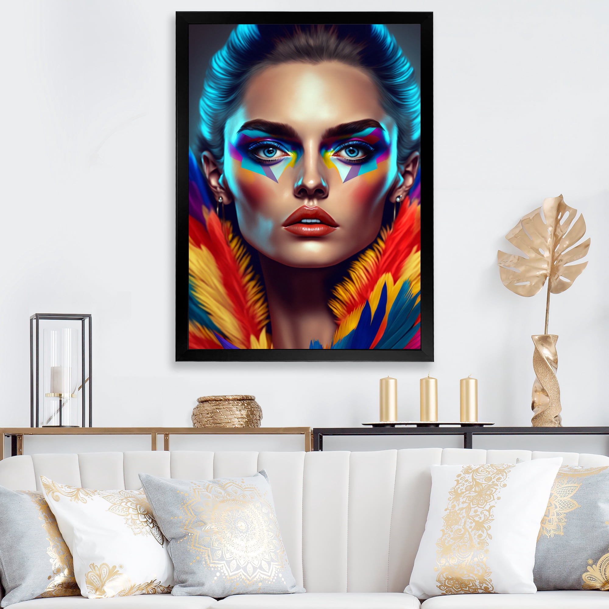 Designart Colorful Sensual Woman In Fur Coat III Framed Wall Art