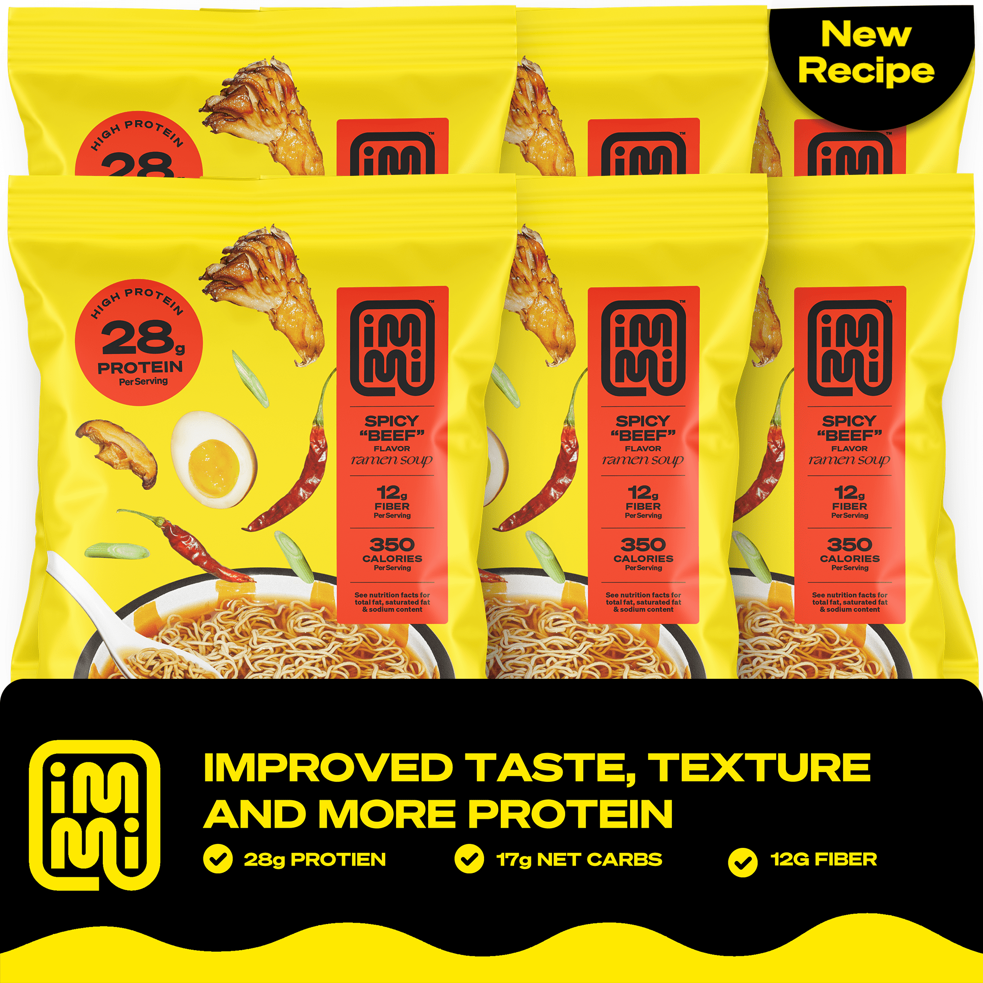 Immi Spicy "Beef" Ramen Instant 28g Protein, 12g Fiber, 100% Plant Based 6 Pack