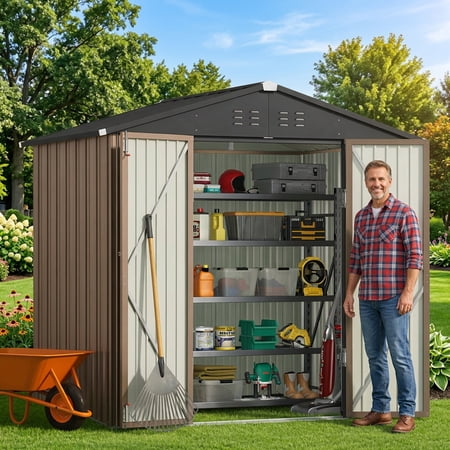 8' x 6' Outdoor Storage Shed with Lockable Double Doors, Weather-Resistant Iron Shed for Garden & Backyard, Brown