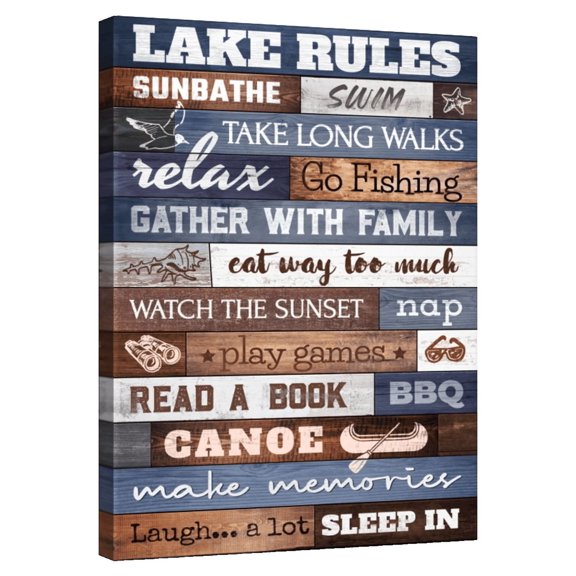 Elephant Stock Lake House Rules Typography Wall Art - Vertical Canvas Wall Art - Living Room Wall Decor - Inspirational And Typography Canvas - Gray And Brown Decor - 8" x 12"