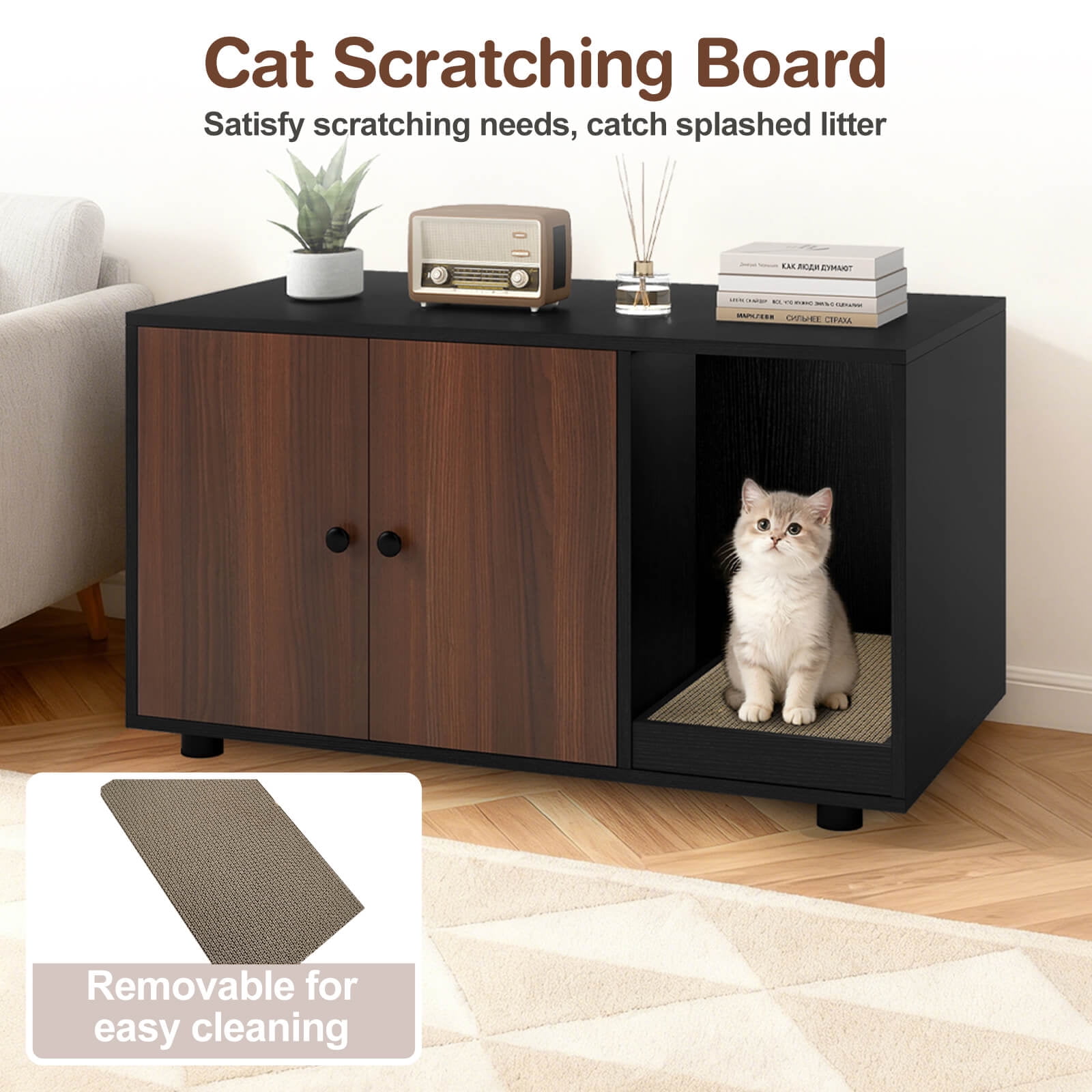 Costway Wooden Cat Litter Box Enclosure, Hidden Litter Box Furniture with Scratching Board Black