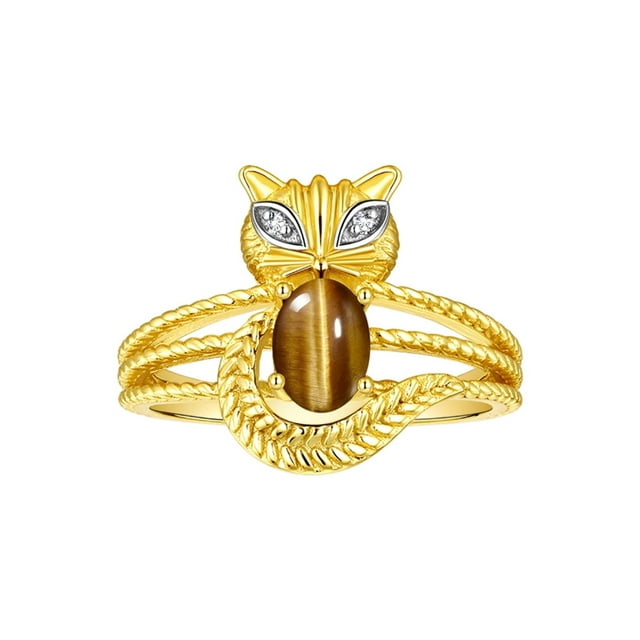 RYLOS Rings for Women 14K Gold Plated Silver CAT Ring 7X5MM Oval Gemstone & Sparkling Diamonds Tiger Eye Jewelry Size 13