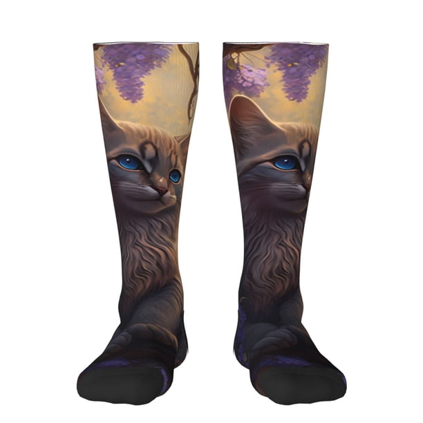 Fotbe Purple Flower Lazy Cat Calcetas Divertidas Estampadas para Hombre y Mujer, Calcetas de Algodón hasta la Rodilla para Caminar, Correr, Enfermería y Embarazo