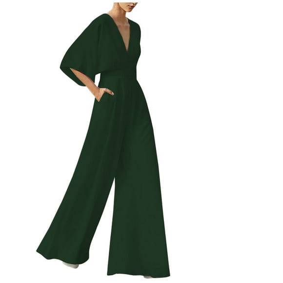 Jumpsuits for Women Short Sleeve Romper V-Neck High Waist Loose Elegant Formal Long Wide Leg Pants Jumpsuit for Cocktail