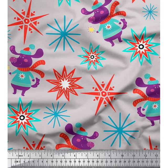 Soimoi Gray polyester Crepe Fabric Snowflake & Pig Kids Printed Fabric 1 Yard 42 Inch Wide