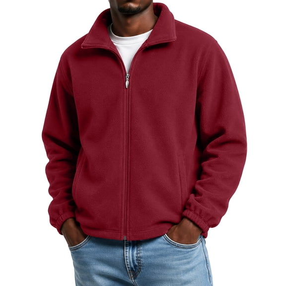 JULMCOMO Fleece Jacket for Men Full Zip Collared Thickened Casual Jacket Outdoor Fall Winter Warm Coat with Pockets Wine M