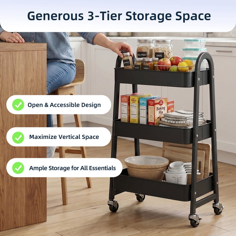Gianna Utility Cart, Metal, 3‑Tier, Lockable Caster Wheels , 360° Rolling, Black