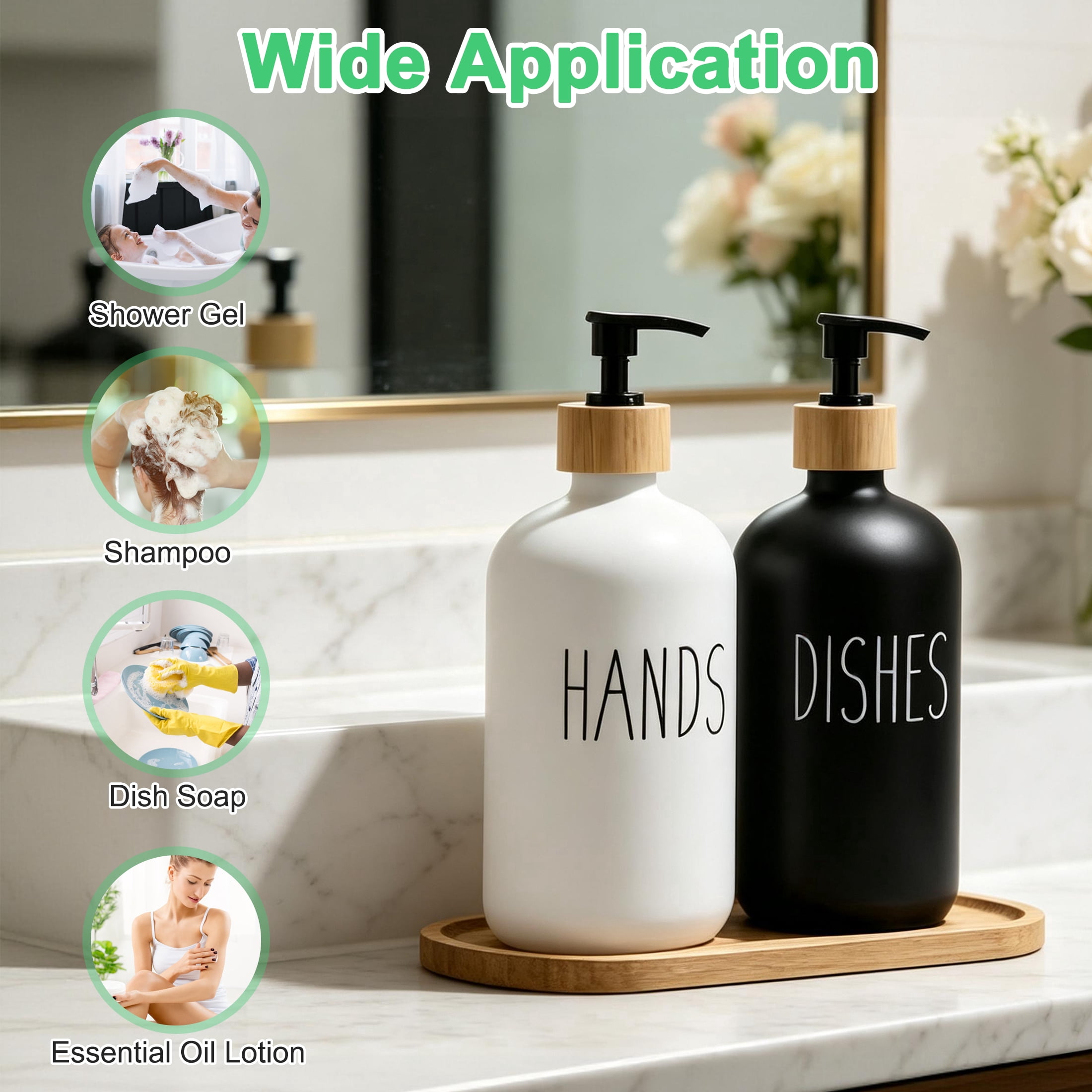 CISILOV Glass Soap Dispenser Set, Hand Soap & Dish Soap Bottles with Tray, Matte Black & White Frosted Glass Soap Bottles for Kitchen Sink Bathroom Countertop