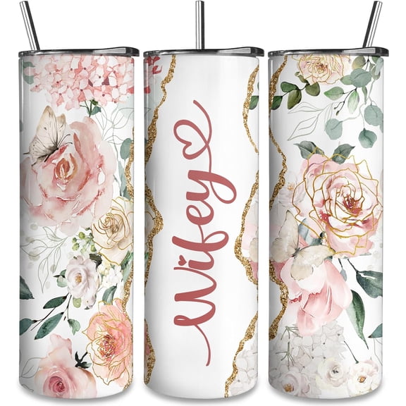 Wifey Tumbler Wifey Pink Floral 20 oz Skinny Tumblers with Lid and Straw Stainless Steel Insulated Wife Coffee Cups Anniversary Birthday Christmas Gifts for Wife from Husband