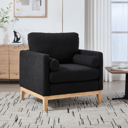 Gewnee 35.4 "Wide Modern  Chair , Wood Base Reading Armchair Single Sofa with Two Bolster Pillows for Living Room offices and Lounge, Black Boucle
