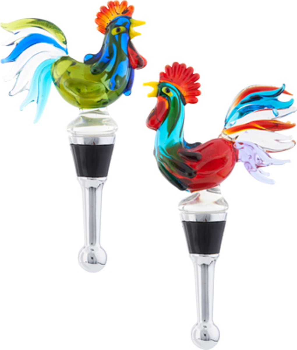 Classic Rooster Glass Art Wine Bottle Stopper Set of 2 Poultry Barnyard