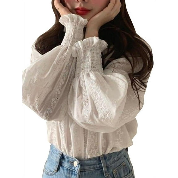 Ochine Women's Blouse Loose Fit Lace Trim Long Puff Sleeve Solid Color Tee Shirt Casual Lightweight Trendy Top Summer Fall, White, S-XL
