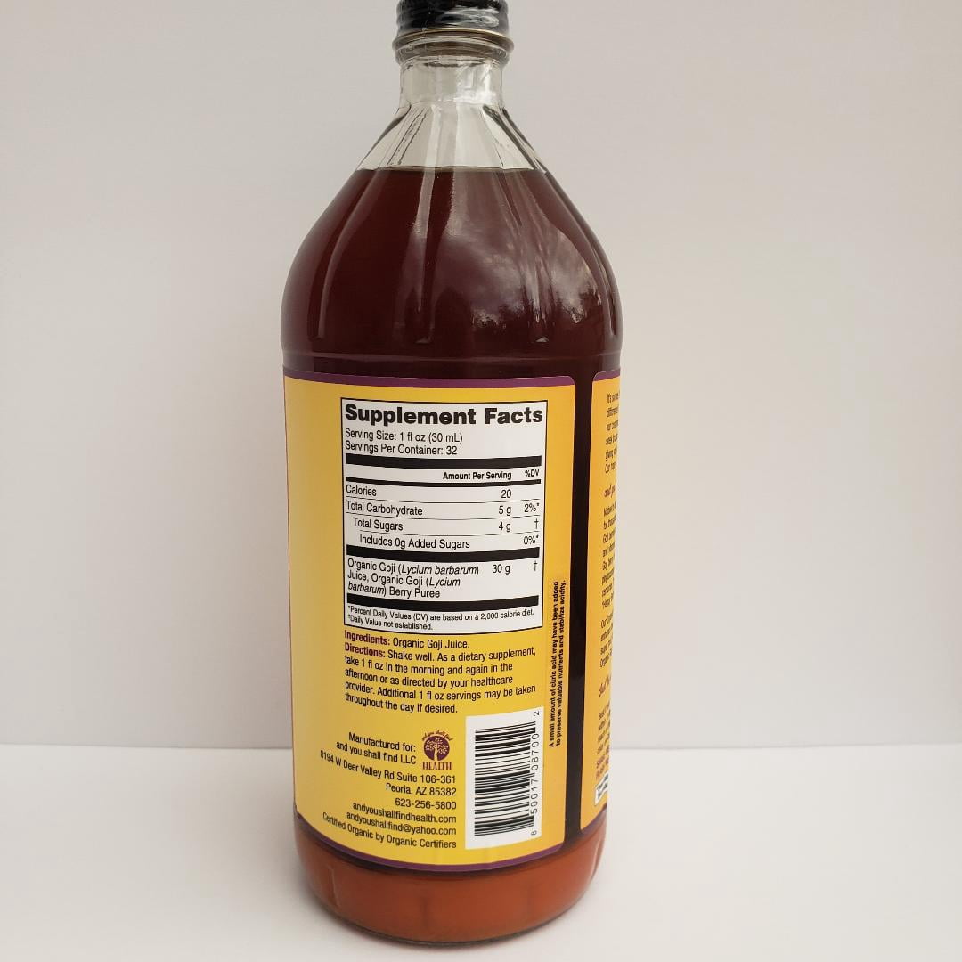 Organic Only GOJI Fruit Juice 100% Pure Puree 32oz (1qt) GLASS Bottle - The Happy Berry Vitamin Rich Super Juice Traditionally Prepared - 30g Goji Superfruit Per Serving - Gluten-Free & Vegan