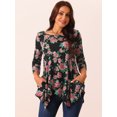 thumbnail image 2 of DARING DIVA Women's 3/4 Sleeve Floral Print Loose Fit Asymmetrical Hem Top Black S, 2 of 5