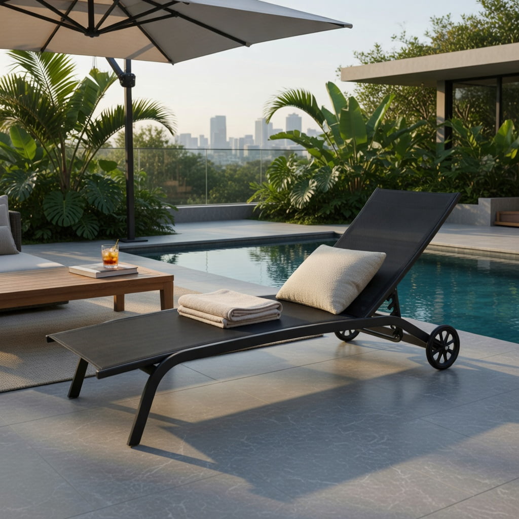 Hommoo 6-Position Adjustable Outdoor Chaise Lounge Chair with Smooth-Rolling Wheels, Steel Frame for Patio, Poolside & Backyard, Black