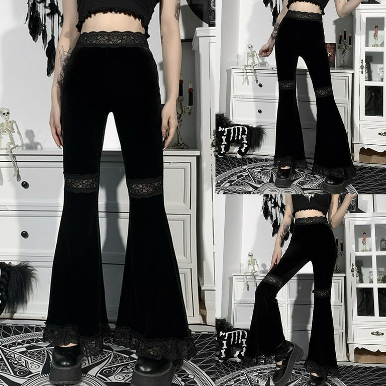 BOOYOU Women Gothic Black Velvet Flare Pants Sexy Hollow Out Lace Bell  Bottom Trousers 