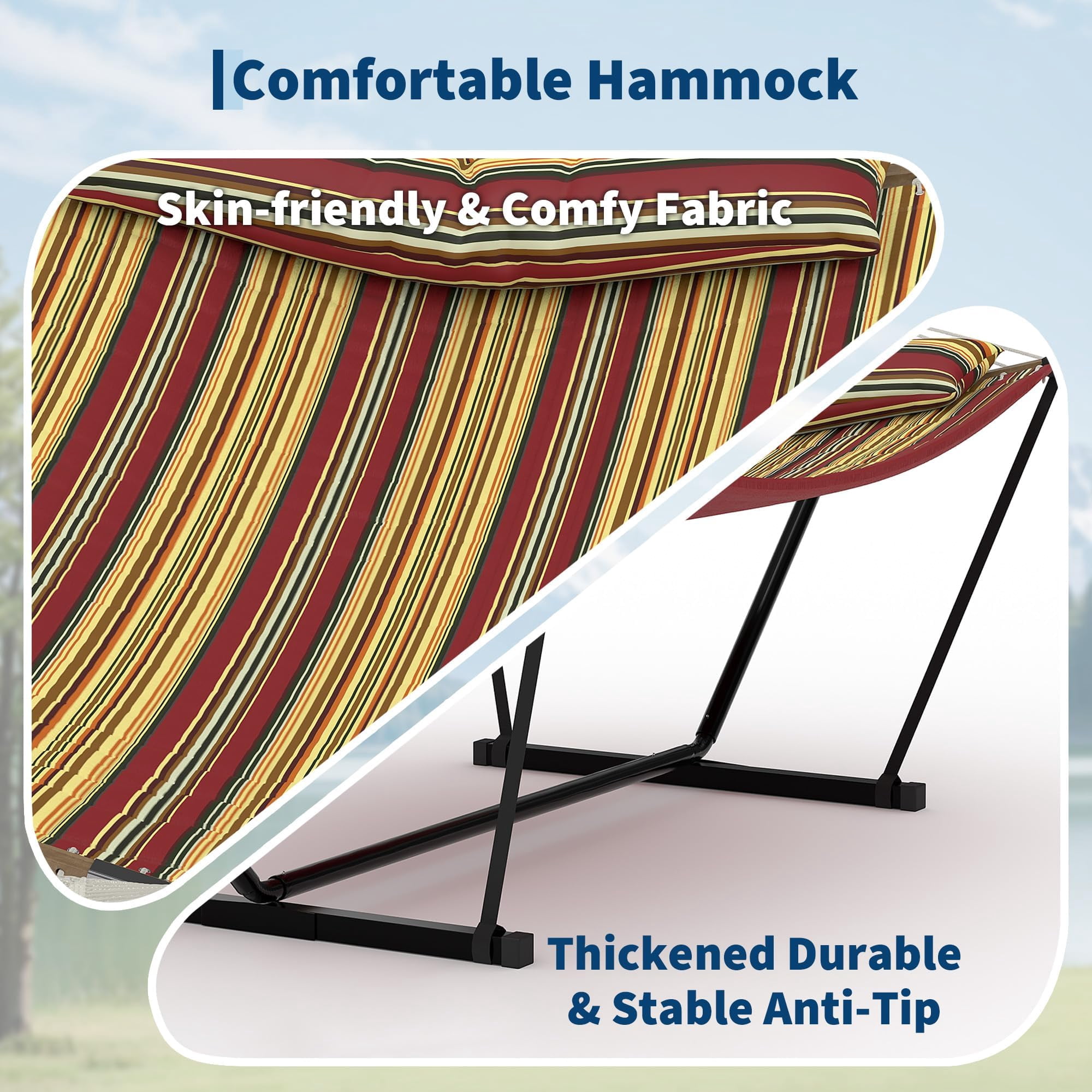 12FT Double Hammock with Heavy-Duty Steel Stand – 2 Person, 450LB Capacity, Weather-Resistant Quilted Polyester Fabric, Hardwood Spreader Bar, Portable Carrying Bag – Beige/Stripe/Dark Gray
