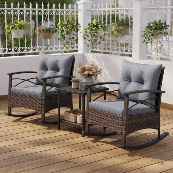 GVN Backyard Furniture Sets,Outdoor Furniture Sets,3 Pieces Outdoor Rattan Rocking Chairs Set with 2-Tier Side Table for Garden Backyard-Brown