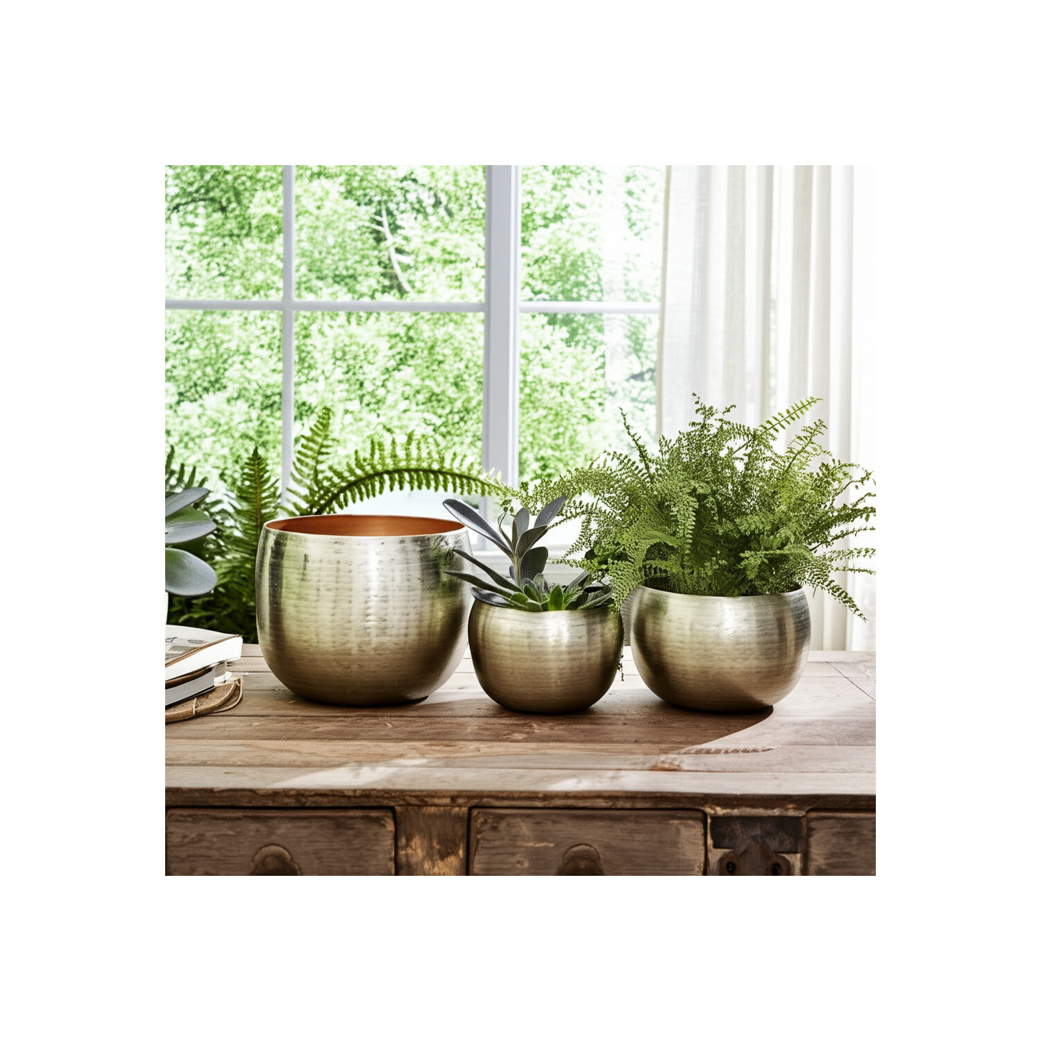 Hammered Metal Flower Pots for Home Decor - Decorative Metal Planters for Indoor Use and Outdoor Plants - Garden Pots for Patio, Entryway, Shelf, and Mantel Stylng - Set of 3, 11", 10", 8", Gold