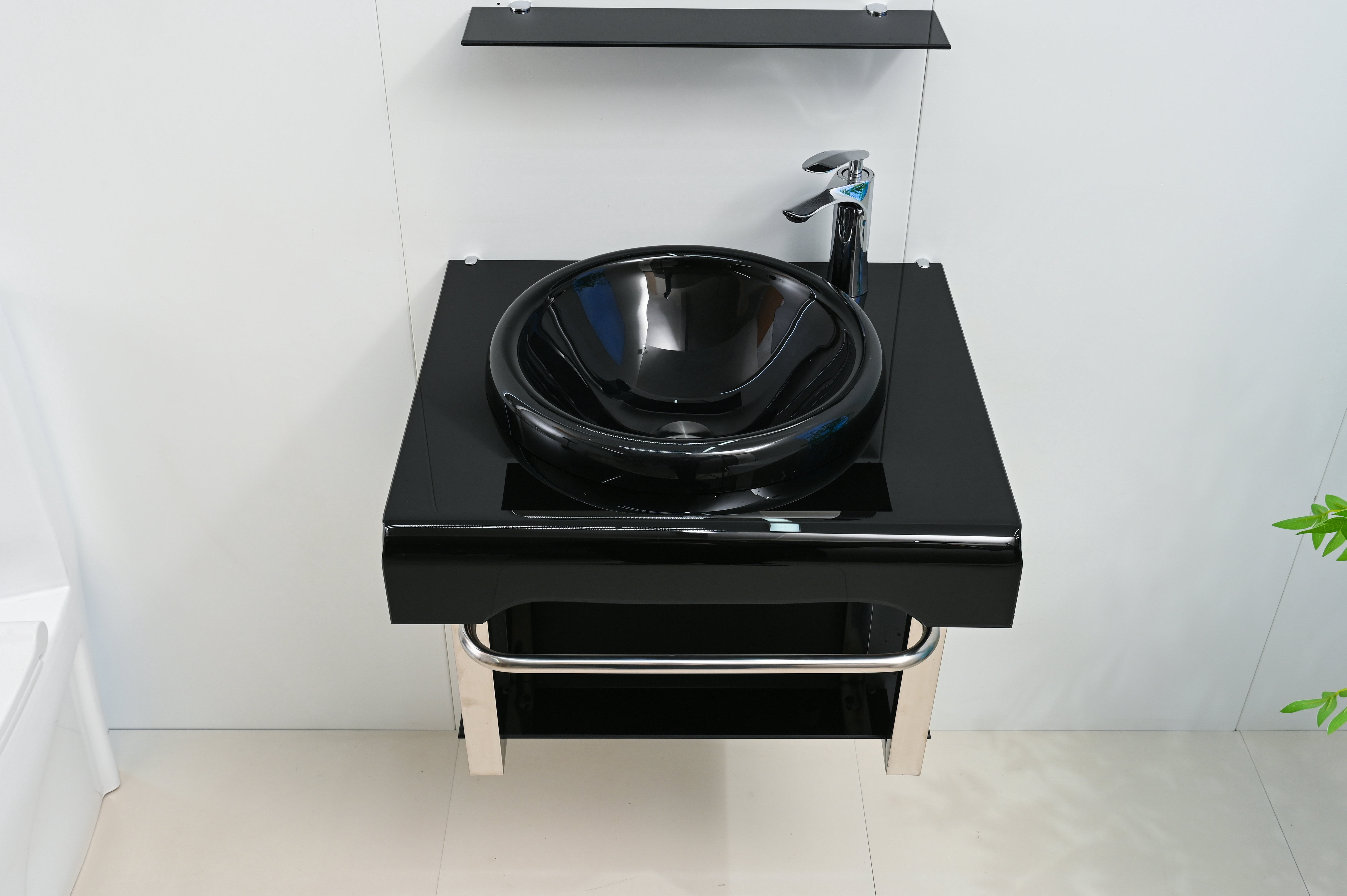 Lorixon 24" Modern Bathroom Vanity Set, Black Tempered Glass Top, Mirror, Shelves