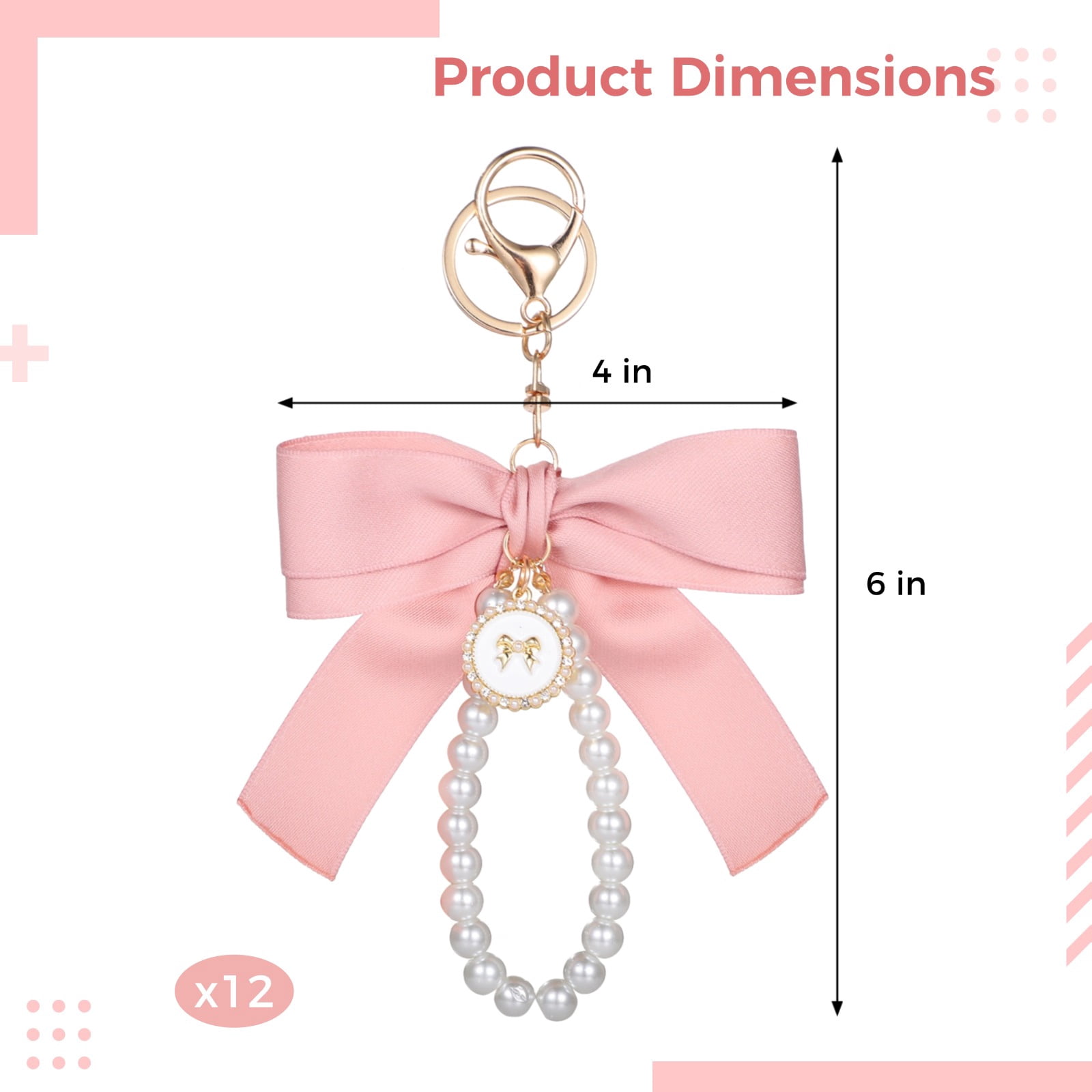 12 PCS Pink Bow Keychains, Coquette Keychains with Pearl Decoration, Cheer Bow Keychains, Pink Fabric Bow Zinc Alloy Keychain Bulk for Bags, Keys, Accessories
