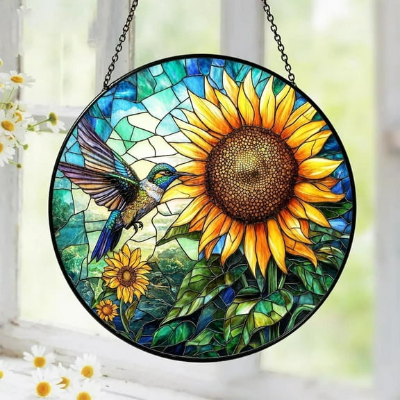Hummingbird Stained Glass Suncatcher – Sunflower Window Hanging, Bird Lover Gift, Garden Decor for Mom, Grandma, Birthday Gift for Women
