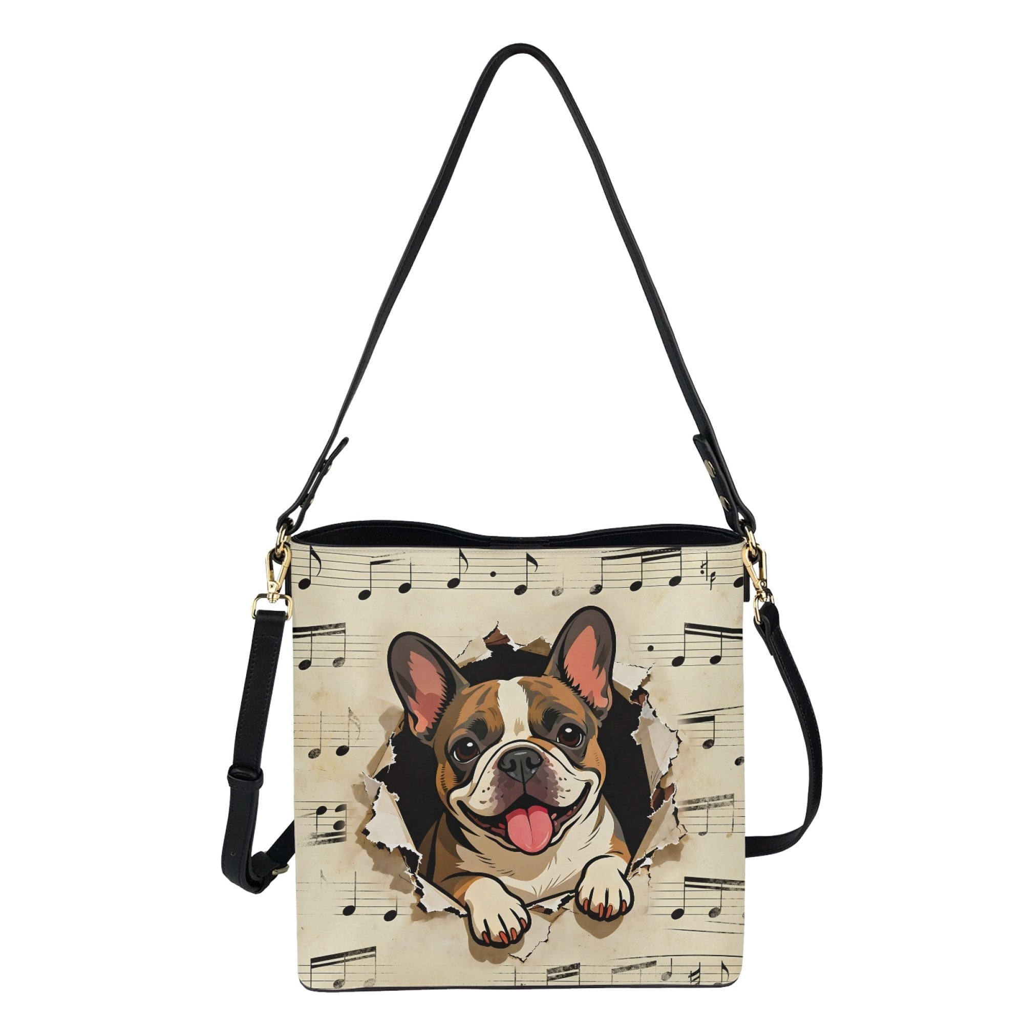 Kuiaobaty French Bulldog Print Crossbody Bag for Women, Musical Note Print Shoulder Handbag Crossbody with Adjustable Strap, Waterproof Leather Bucket Tote Bag for Travel, Beige
