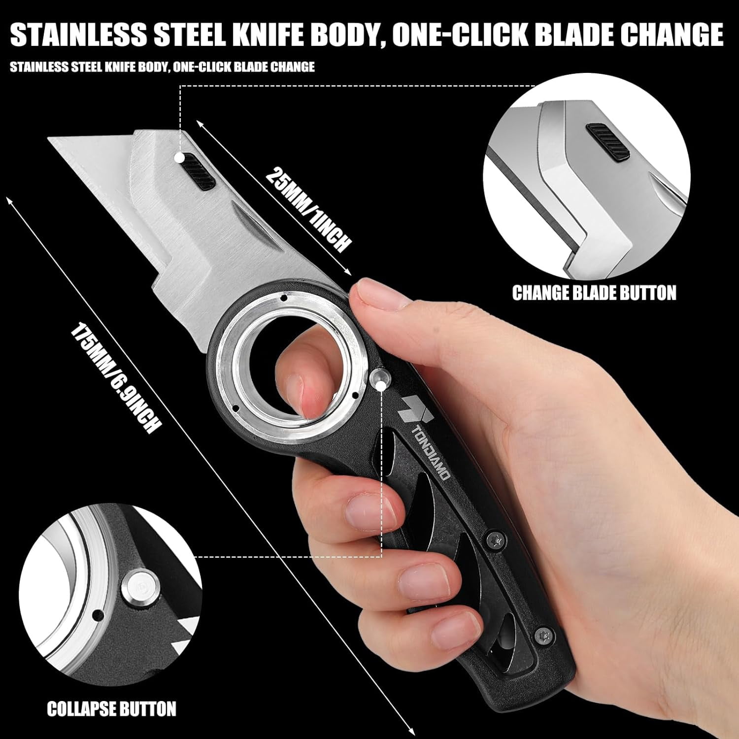 2 Pcs Folding Pocket Utility Knife Heavy Duty Box Cutter Folding Razor Knife with Anti Slip Finger Loop Easy Change Blades 3 Lock Positions Design (Black)