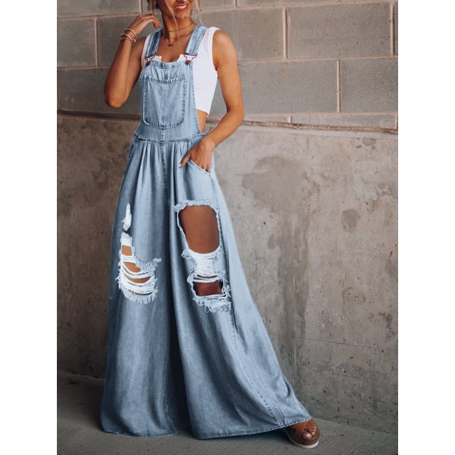 Monos vaqueros de pierna ancha para mujer, peto rasgado de cintura alta, holgado, con bolsillos, a la moda, color azul, novedad de verano 2023