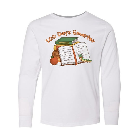 Inktastic 100 Days Smarter Bookworm 100th Day of School Long Sleeve Youth T-Shirt
