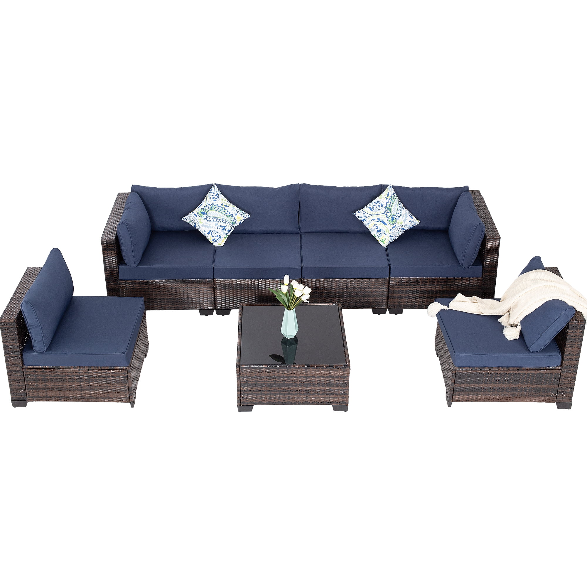 7 Piece Patio Furniture Sets Outdoor Sectional PE Rattan Outdoor Furniture Patio Conversation Set with Cushions and Glass Coffee Table, for Balcony Lawn and Garden, Blue