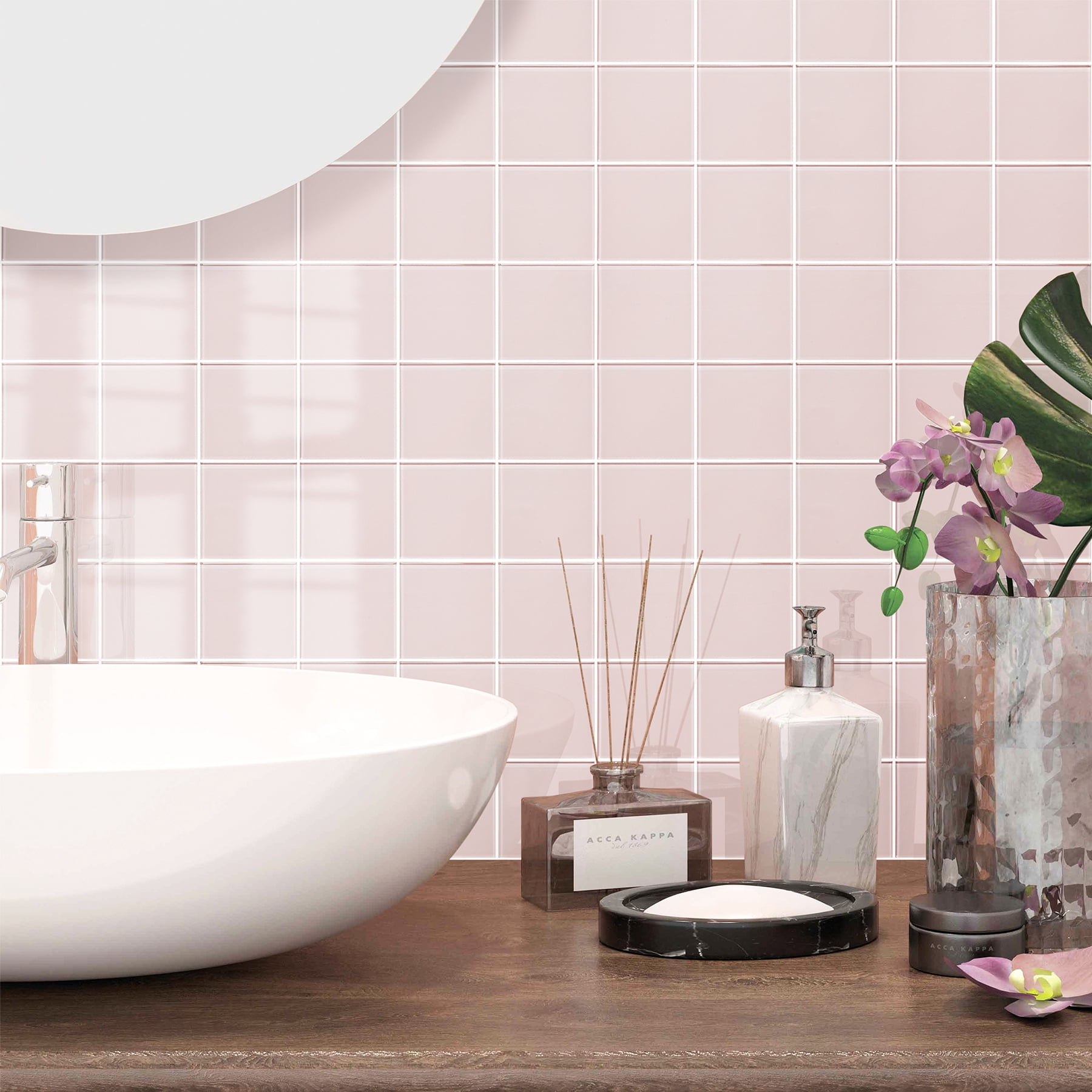 Pink Peel and Stick Glass Tile, 12'' x 12'' Square Mosaic Glass Backsplash Stick On Wall Tiles for Kitchen Bathroom (5 Sheets)