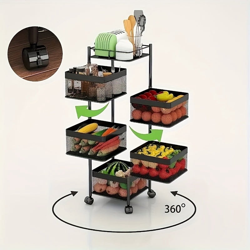 5 Tier Rotating Kitchen Storage Shelf, Metal Fruit Vegetable Storage Basket Multi-Layer Vegetable Rack Storage Trolley on Wheels, Floor-Standing Basket for Kitchen Bathroom, Square