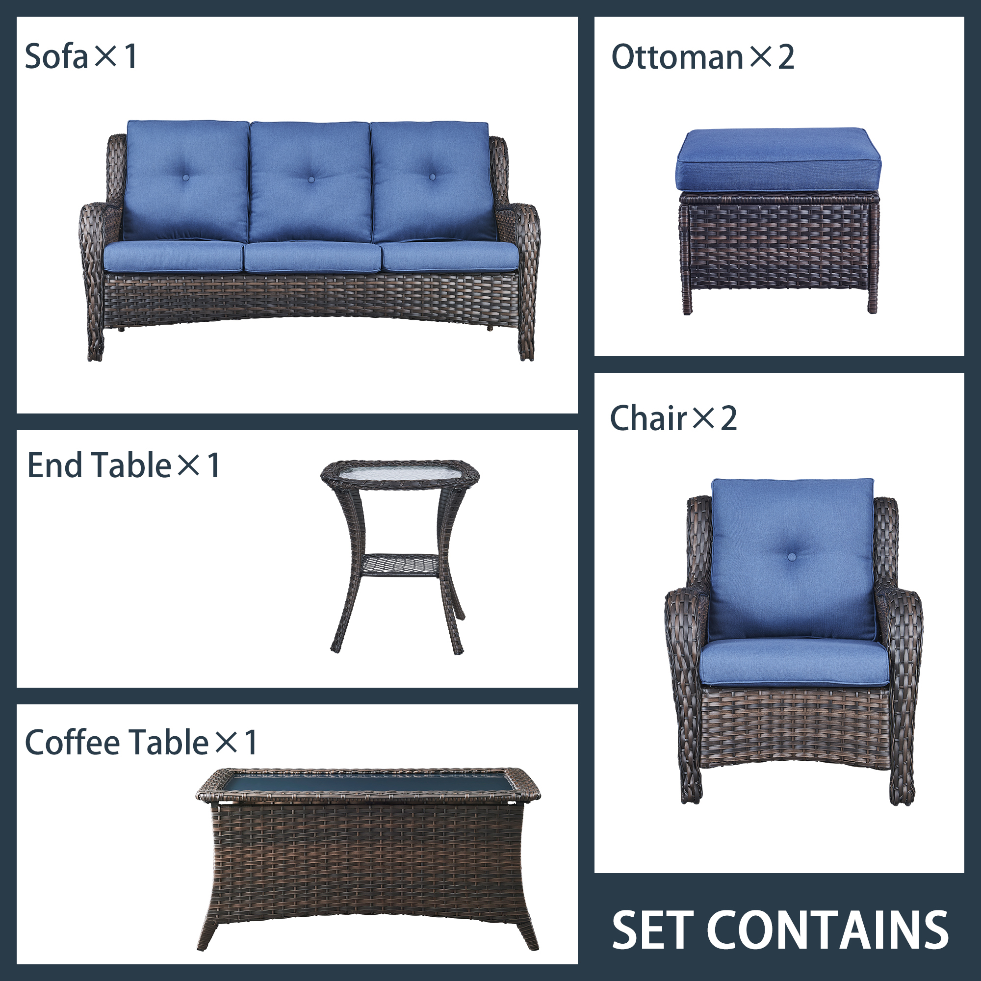 PARKWELL 7Pcs Outdoor Wicker Rattan Conversation Patio Furniture Set, including Three-seater Sofa, Chairs, Coffee Table, Ottomans and Side Table with Cushion, Blue - image 2 of 9