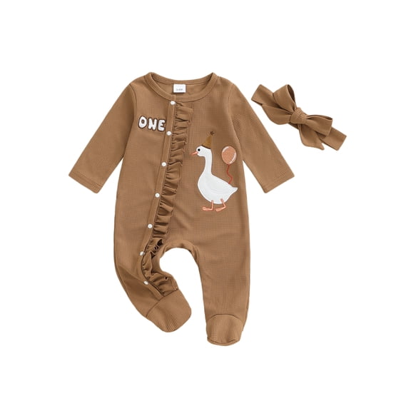 BemeyourBBs Newborn Baby Goose Outfit Fall Winter Spring Clothes Romper Letter Duck Embroidery Long Sleeve Round Neck Footed Jumpsuit with Headband