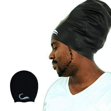 Long Hair Dreadlock Swim Cap Silicone Swimming XL Cap - Waterproof Black Extra Large Cap with Extra Pouch Pool Caps Ideal for Women Men Youth.