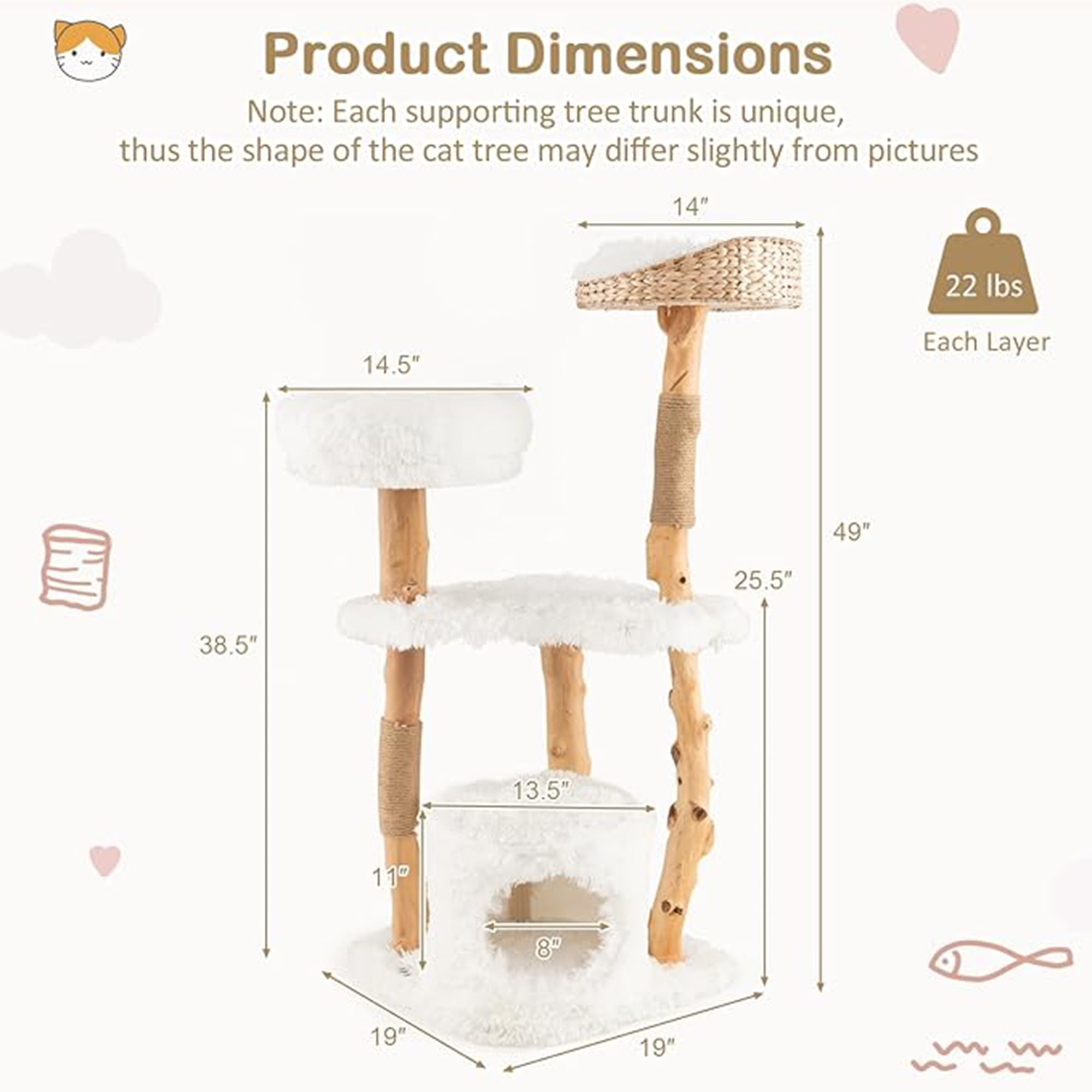 resenkos 49" Solid Wood Cat Tree Tower for Indoor, Modern Cat Condo with Scratching Post, Cat Climbing Tree House Furniture, White