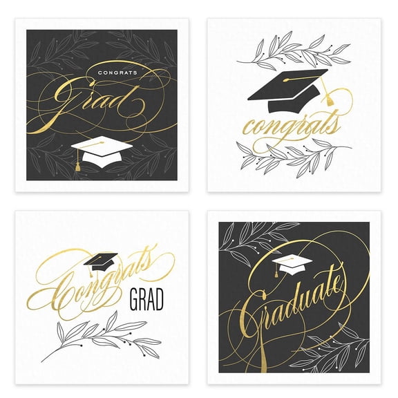 Congrats Graduation Napkins / 48 Cocktail Napkins / 4 Botanical Graduate Designs / 4 3/4" x 4 3/4" Black and Matte Gold 3 Ply Grad Beverage Napkin Set / Made In The USA