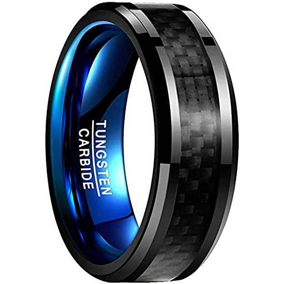 8mm Black Carbon Fiber Wedding Band for Men Women Blue Plated Tungsten Carbide Ring Beveled Edge Comfort Fit Size 7-12