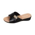 thumbnail image 2 of HTHLVMD Women's Rhinestone Wedge Slides, Women's Leather Slippers Open Toe Fish Mouth Wedge Sandal Comfortable Wide Width House Slipper Summer Slip On Beach Sandals, Black 7.5, 2 of 8