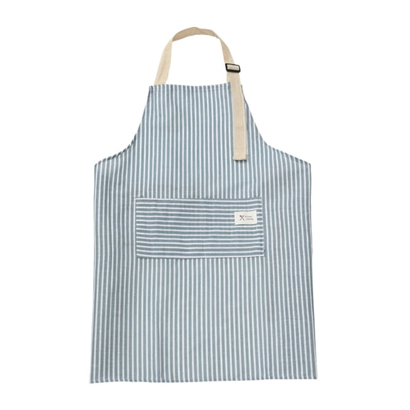 Striped Linen Adjustable Bib Apron with Pockets - Unisex Cooking Chef Apron, for Women & Men Home Kitchen Use ( Blue )