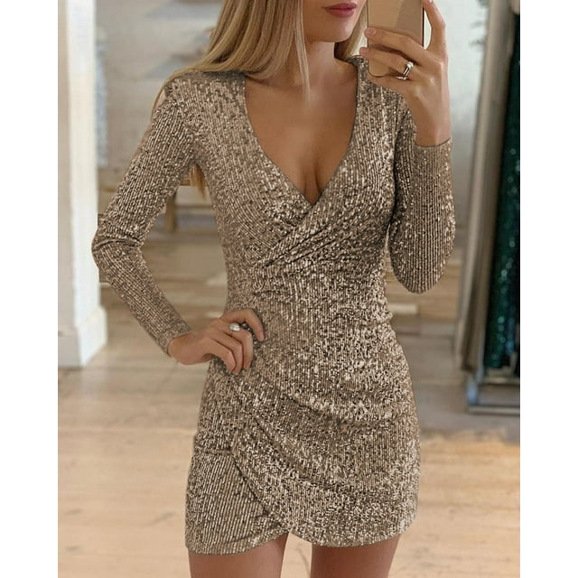 Nouvelle Robe d'Automne Sexy Col en V Robe Courte Irrégulière à Paillettes