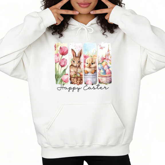 Women Comfortable Happy Easter Bunny Graphic Hoodies Printed Cotton Hooded Long Sleeved White S-2XL