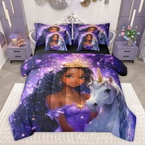 Castle Fairy Dreamy Black Girl Princess Bedding Comforter Set 7 Pieces for Children Teens,Bling Purple Stars Print Full Bedding Set Lightweight,Magical Unicorn Fitted Sheet Flat Sheet
