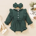 thumbnail image 3 of Kucnuzki Newborn Baby Girl Clothes 0 Months Fall Winter Bodysuit 3 Months Long Sleeve Sweet Button-Up Solid Color Rompers Headband 2PCS Set Green, 3 of 10