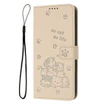 Decase Case for Moto G Play 4G (2024), Embossed Cat Wallet Leather Case Cover with Cash Slots & Wrist Strap,Beige