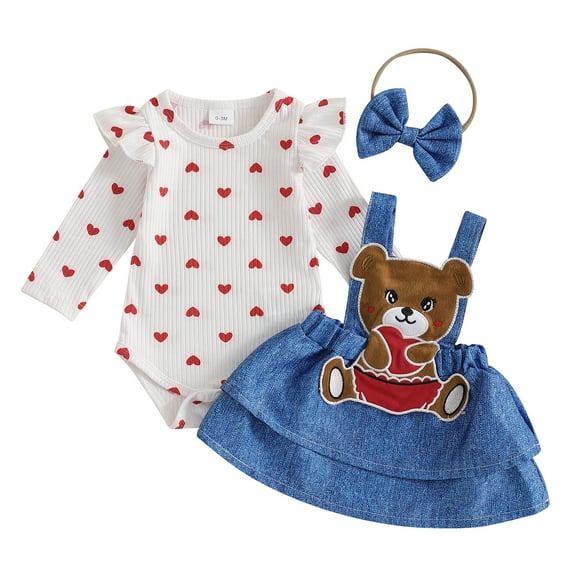 Okbabeha Newborn Baby Girl 3Pcs Outfits Valentine's Day Long Sleeve Romper Suspender Skirt Headband Set