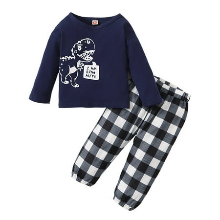 

9 Months Baby Boys Clothes 12 Months Boys 2PCS Fall Winter Outfits Dinosaur Print Infant Boys Long Sleeve Top Plaid Pants Set Blue
