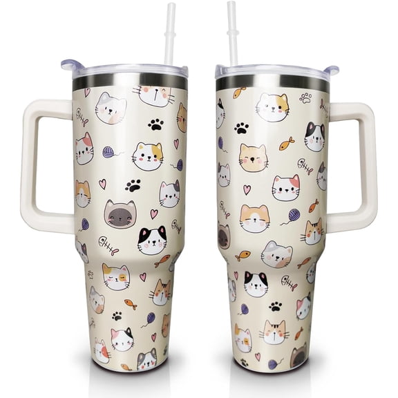 40 oz Tumbler with Handle and Straw Lid, Cute Cat Insulated Cup, Double Vacuum Leak Proof Coffee Travel Mug, Stainless Steel Water Bottle Gifts for Women Men